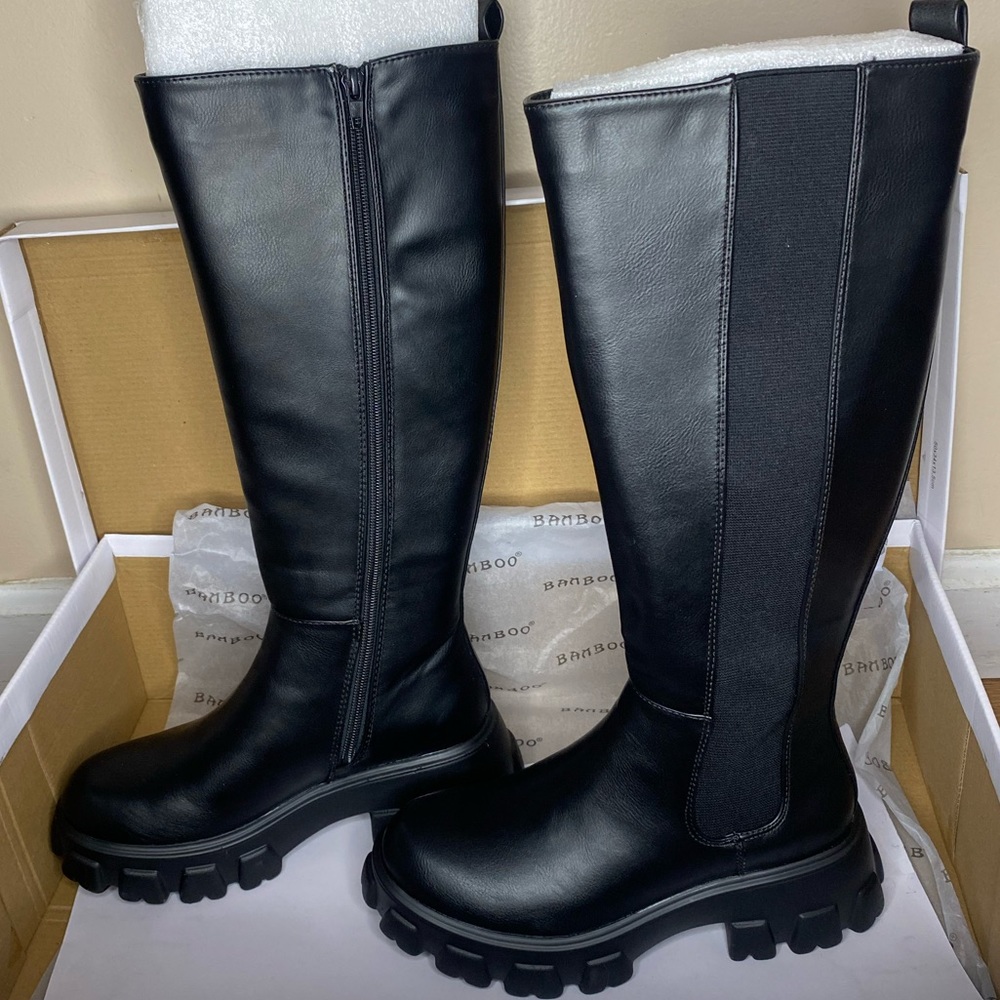 Black Knee High Lug Sole Boots